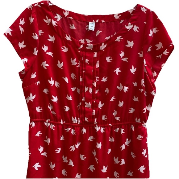Old Navy Red White Bird Dress Size Large Short Sleeve Ruched Waist Above Knee - Picture 4 of 8